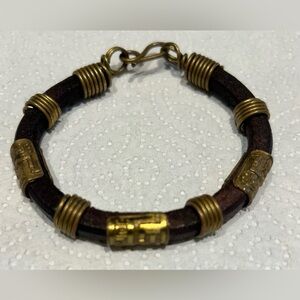 Vintage Brown Leather Snare Bracelet With Bronze Or Brass Etched Charms Bohemian